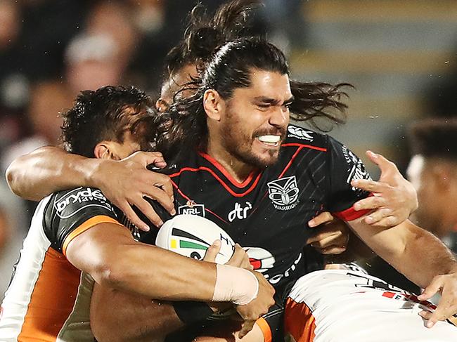 AUCKLAND, NEW ZEALAND - MAY 05:  Tohu Harris charges forward during the round nine NRL match between the New Zealand Warriors and the Wests Tigers at Mt Smart Stadium on May 5, 2018 in Auckland, New Zealand.  (Photo by Hannah Peters/Getty Images)