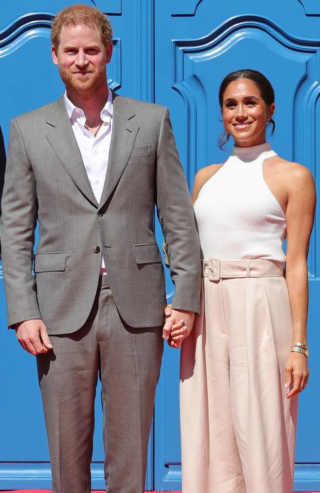 Prince Harry, Duke of Sussex and Meghan, Duchess of Sussex arrive at the town hall during the Invictus Games Dusseldorf 2023 — One Year To Go event. Picture: Chris Jackson/Getty Images for Invictus Games Dusseldorf 2023