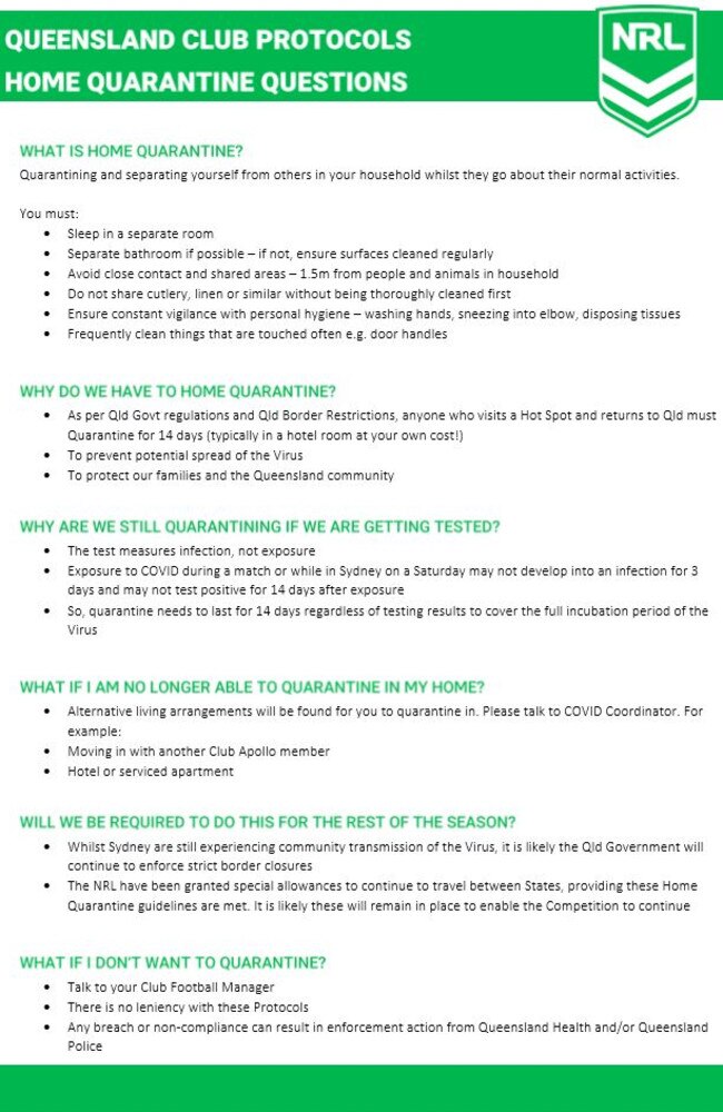 Queensland club protocols that say players can’t sleep in the same room as their partners and must maintain 1.5m social distancing inside their own homes.