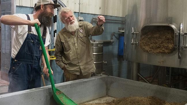 Chris Moore and Bruce Pascoe during the making of the Dark Emu beer.