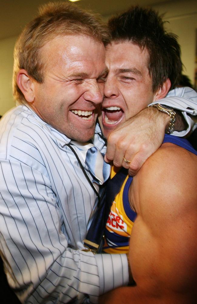 2006: West Coast star Chris Mainwaring celebrates with Ben Cousins after the Eagles’ narrow victory over Sydney in the Grand Final. A little more than a year later, Mainwaring died following a drug-related collapse. Cousins contract was torn up and he was banned from the AFL for a year for bringing the game into disrepute. Picture: Michael Klein