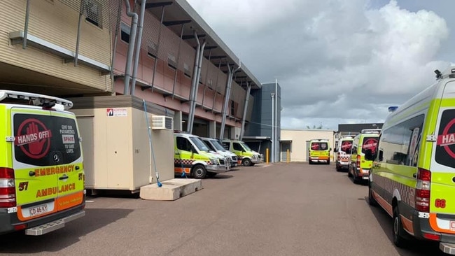 A number of ambulances <span capiid="15f0ba2ff4cfafce3ad084e34f33a3c6" class="captionCapiVideo">shown backed up at Royal Darwin Hospital in a practice known as ‘ramping’. </span>Picture: Supplied