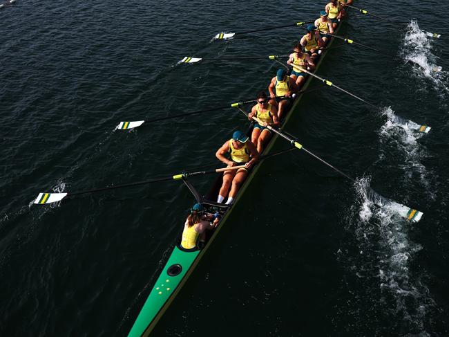 PARIS, FRANCE - AUGUST 03: Ben Canham, Timothy Masters, Spencer Turrin, Alex Purnell, Jack Hargreaves, Jack O'Brien, Angus Dawson, Angus Widdicombe, Kendall Brodie of Team Australia prepare to compete in the Men's Eight Finals on day eight of the Olympic Games Paris 2024 at Vaires-Sur-Marne Nautical Stadium on August 03, 2024 in Paris, France. (Photo by Alex Davidson/Getty Images)