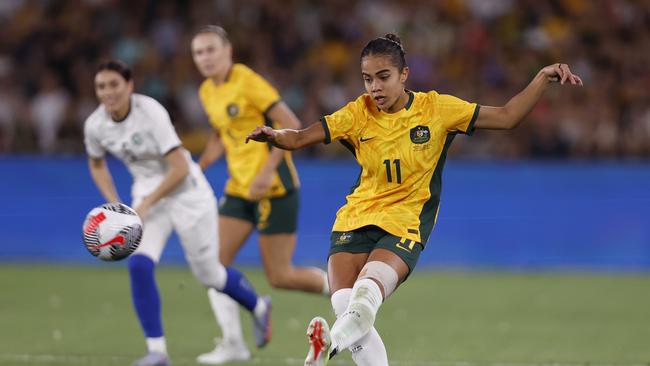 Mary Fowler found the back of the net in her 50th game. Picture: Darrian Traynor/Getty Images.