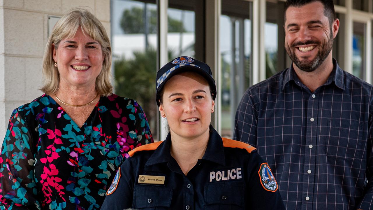 Chief Minister Eva Lawler, Constable Tineke Close and Police Minister Brent Potter at the press conference as Sixty-three new Northern Territory Police constables will graduate on Friday, June 28, in Darwin. Picture: Pema Tamang Pakhrin