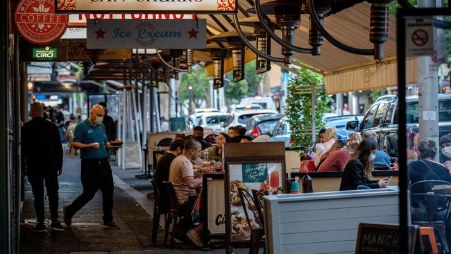 People enjoy outdoor eating on Lygon Street in Carlton after Victoria’s lockdown was lifted. Picture: Getty Images