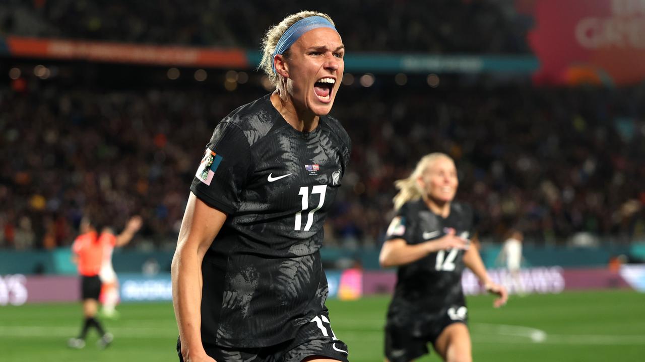 AUCKLAND, NEW ZEALAND - JULY 20: Hannah Wilkinson of New Zealand celebrates after scoring her team's first goal during the FIFA Women's World Cup Australia &amp; New Zealand 2023 Group A match between New Zealand and Norway at Eden Park on July 20, 2023 in Auckland, New Zealand. (Photo by Phil Walter/Getty Images)