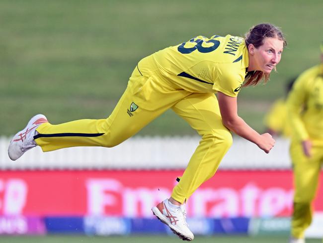 HAMILTON, NEW ZEALAND - MARCH 05: Darcie Brown of Australia bowls during the 2022 ICC Women's Cricket World Cup match between Australia and England at Seddon Park on March 05, 2022 in Hamilton, New Zealand. (Photo by Kai Schwoerer/Getty Images)