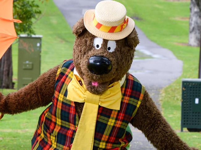 Adelaide July 14, 2021: Humphrey B. Bear at Rymill Park getting ready for the opening of the Umbrella Festival. Picture: Brenton Edwards