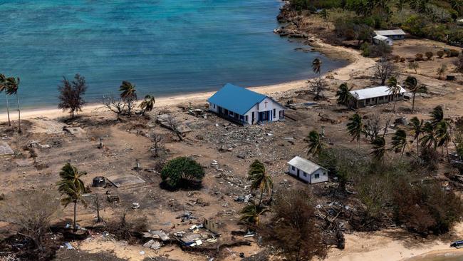 Damage to Atata Island in Tonga, following the eruption of the Hunga Tonga-Hunga Ha’apai underwater volcano and subsequent tsunami. Photo: Petty Officer Christopher Szumlanski