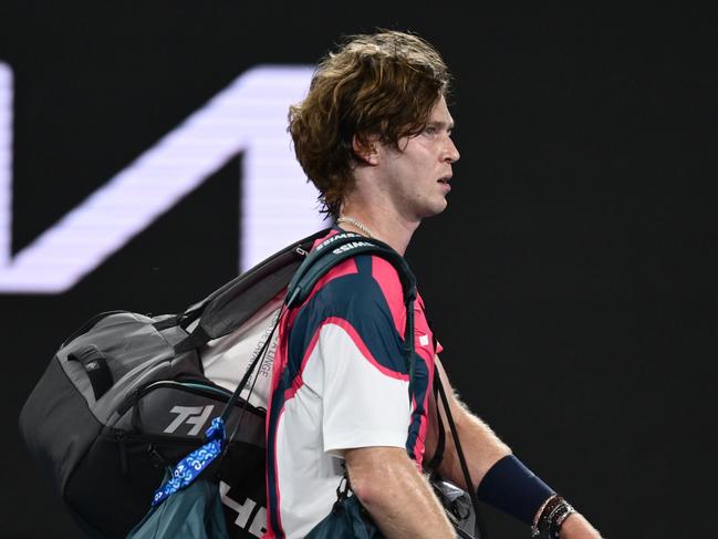 MELBOURNE, AUSTRALIA - JANUARY 14: Andrey Rublev leaves Margaret Court Arena following defeat against Joao Fonseca of Brazil in the Men's Singles First Round match during day three of the 2025 Australian Open at Melbourne Park on January 14, 2025 in Melbourne, Australia. (Photo by Hannah Peters/Getty Images)