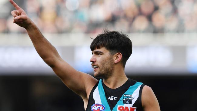 Riley Bonner of the Power reacts after scoring a goal in the Round 23 match against the Dockers. Picture: AAP Image/David Mariuz