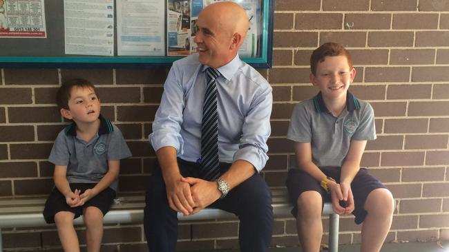 Education Minister Adrian Piccoli met with Jayden and Preston at Dalmeny Public School. Mr Piccoli handed out his first bravery award to the 10-year-old. Picture: Stacy Thomas