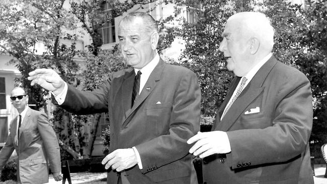 US President Lyndon Johnson with Prime Minister Robert Menzies in Canberra in 1966.