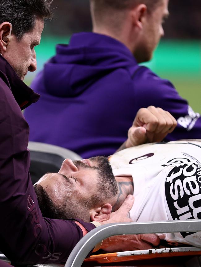 Adam Reynolds is stretchered off following a knock in 2023. Picture: Robert Cianflone/Getty Images