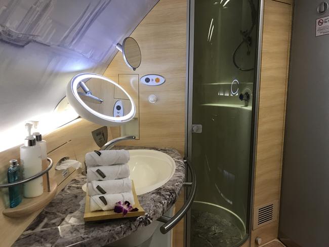 Inside the First Class shower suite.