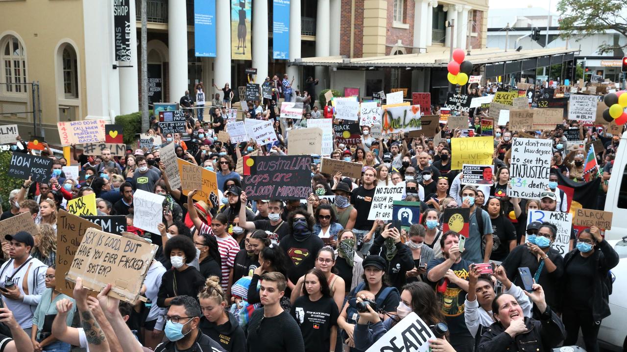 Hitting the streets in Cairns in support of the Black Lives Matter movement. Picture: PETER CARRUTHERS