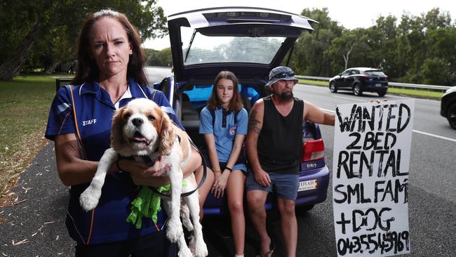 Lee Maynard, her partner Tommy Vucetic and their daughter Claudia Vucetic, 13, have found themselves homeless with their dog Sparticus after they moved out from their rental of seven years and their landlord refused to give them a reference. They are finding it extremely difficult to find a rental property with a pet and no reference. Picture: Brendan Radke