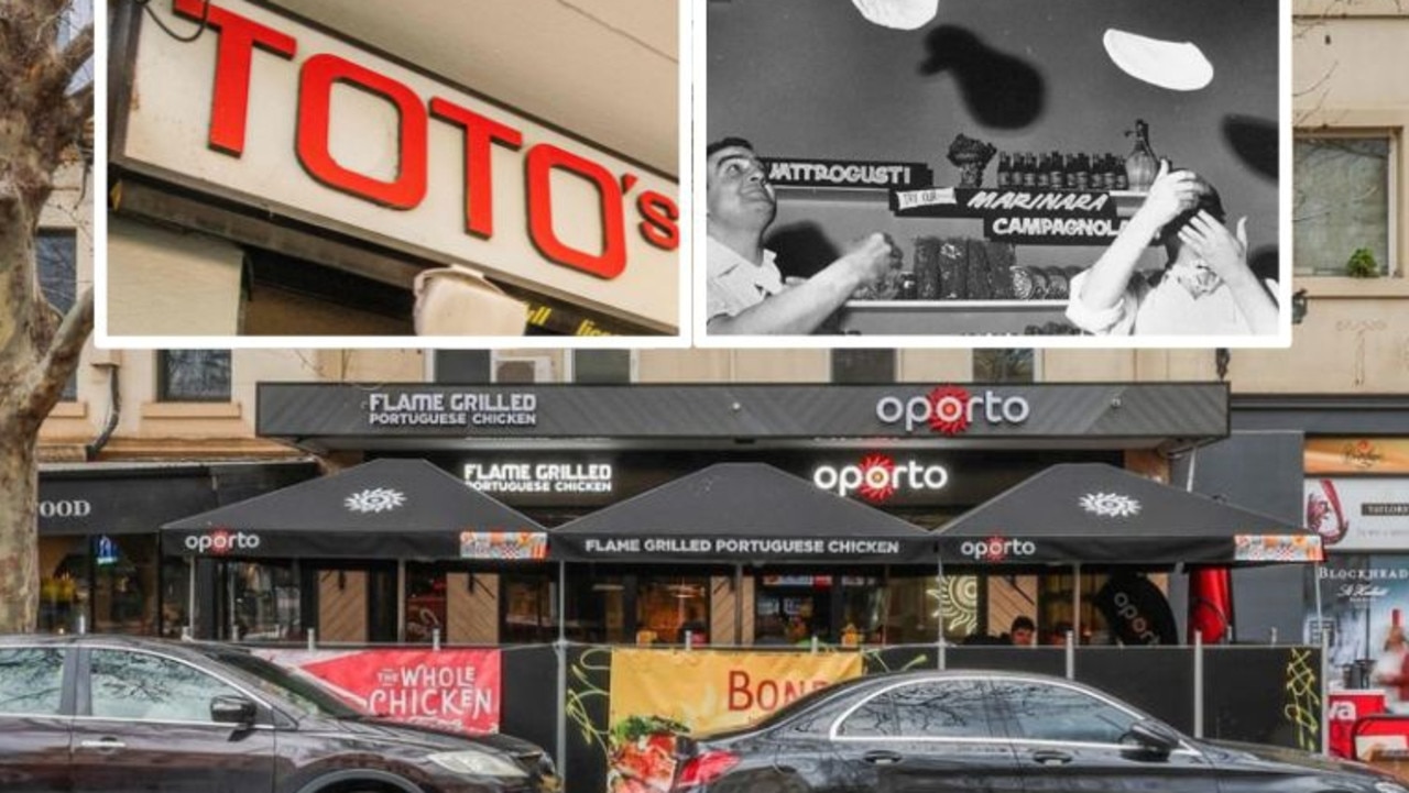 99-101 Lygon St, Carlton, formerly Toto’s Pizza House and now an Oporto, is for sale. Toto’s founder Salvatore Della Bruna, left, and Franco Fera make pizzas on-site in 1975. Pictures: Supplied.