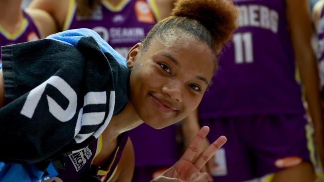 MELBOURNE, AUSTRALIA - MARCH 02: Naz Hillmon of the Boomers celebrates the win during game two of the WNBL Semi Final series between Melbourne Boomers and Southside Flyers at Melbourne Sports Centres - Parkville, on March 02, 2024, in Melbourne, Australia. (Photo by Kelly Defina/Getty Images)