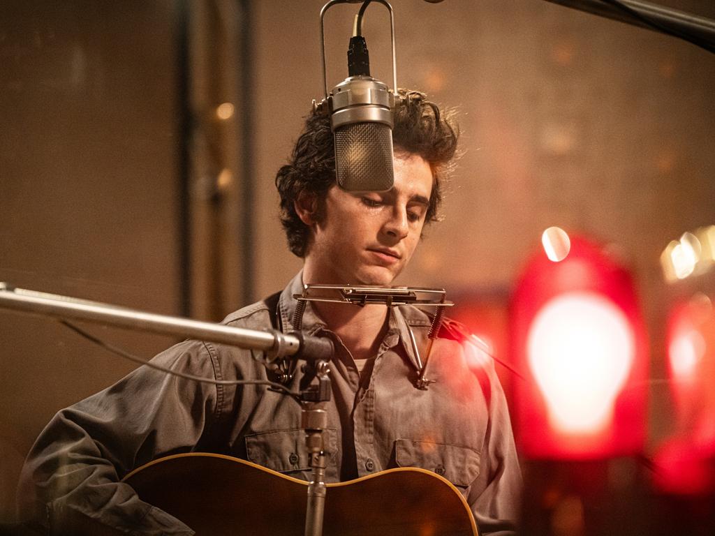 Timothee Chalamet as Bob Dylan in A Complete Unknown.