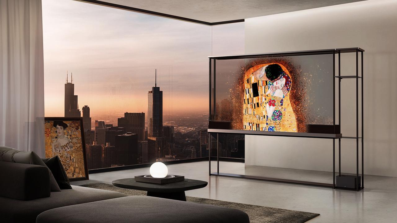 The LG TV also has a screen that can raise up blocking out the background so you can watch TV conventionally. Picture: LG.