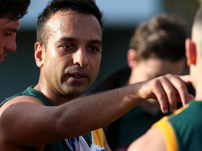 Harmit Singh coach of Northcote addresses his players during the NFL match between Northcote Park and West Preston-Lakeside played at Westgarth Street Oval on Saturday 23rd April, 2016. Picture: Mark Dadswell