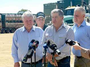 Ken O'Dowd MP, Glenn Willis of Frasers Transport, Tony Hopkins of Hopkins Bros and Minister Michael McCormack at the roads and bridges upgrade announcement. Picture: Jann Houley