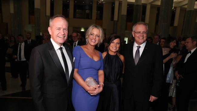 Opposition Leader Bill Shorten with his wife Chloe, along with Scott Morrison and his wife Jennifer. Picture: Gary Ramage