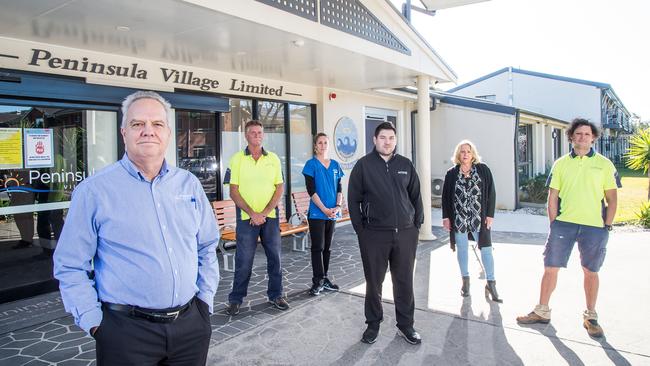 Peninsula Village CEO Shane Neaves (left) with staff (L-R) Doug Mitchell (Maintenance), Jodie Woodward (Laundry Supervisor), Stephan Blant (Catering Manager), Sue Peisley (Receptionist), and Rene Gomez (Groundsman). Picture: Troy Snook