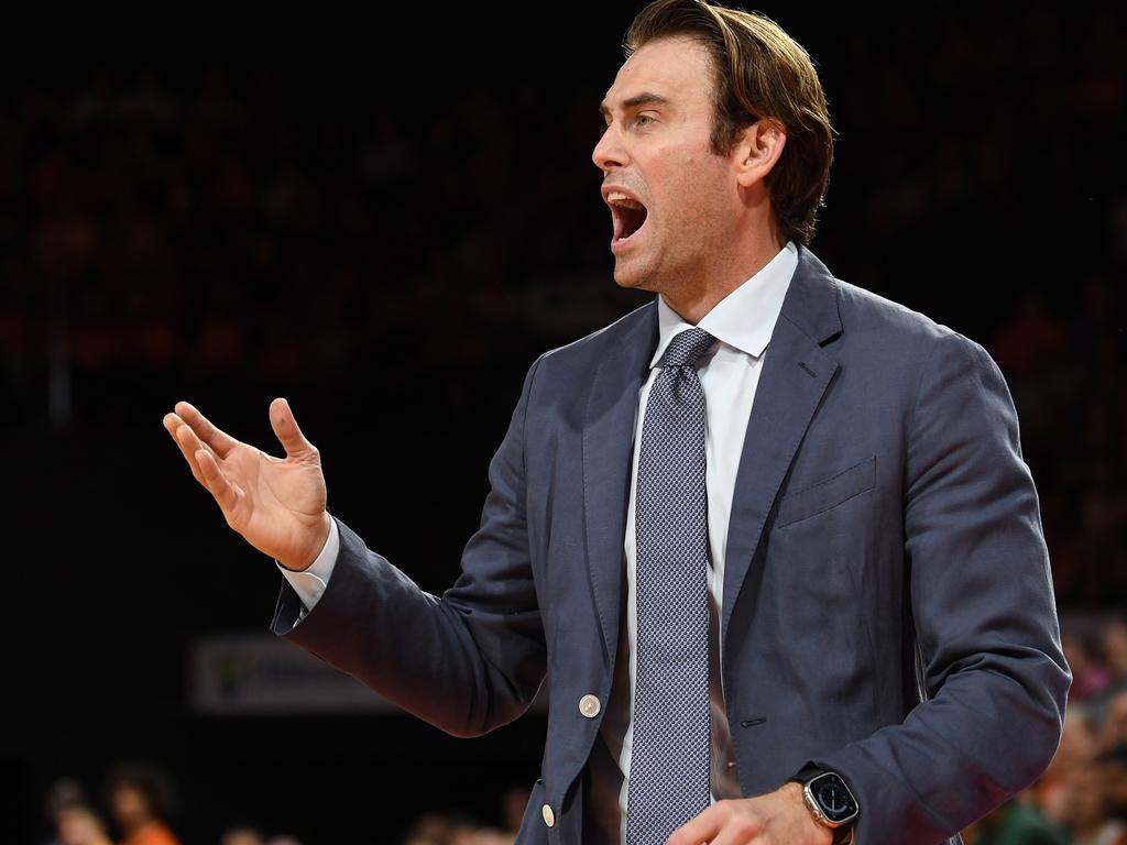 Chase Buford, head coach of the Sydney Kings reacts during game two of the NBL Semi Final series between Cairns Taipans and Sydney Kings. Photo: Emily Barker/Getty Images.