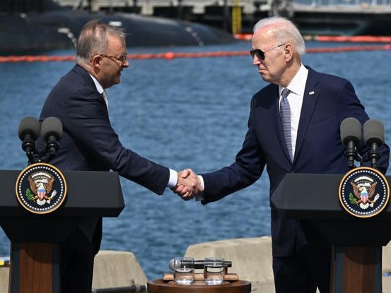 SAN DIEGO, CA - MARCH 13: U.S. President Joe Biden and Prime Minister Anthony Albanese of Australia shake hands on Australia â United Kingdom â United States (AUKUS) Partnership as Prime Minister Rishi Sunak of the United Kingdom participates at Naval Base Point Loma in San Diego, California, United States on March, 13, 2023. (Photo by Tayfun Coskun/Anadolu Agency via Getty Images)