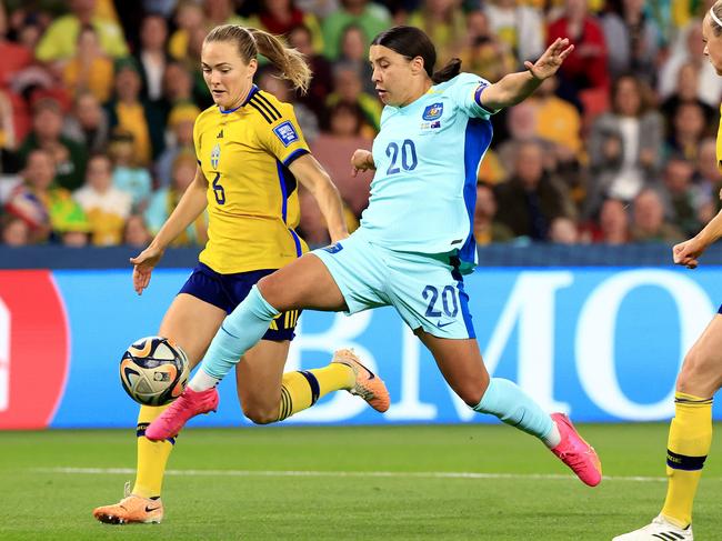 Sam Kerr played through pain in an effort to lift Australia to third. Picture: Adam Head