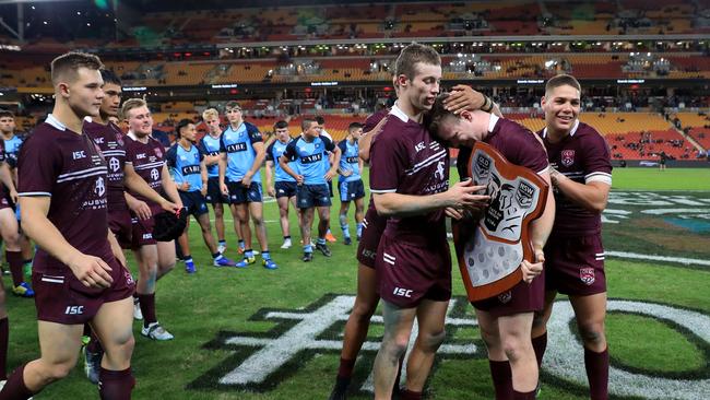 Reece Walsh (right) enjoys Queensland’s post-game celebrations. Picture: Adam Head