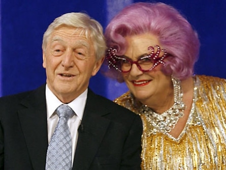 Michael Parkinson with Dame Edna Everage at the recording of the Brit’s final chat show. Picture: Supplied