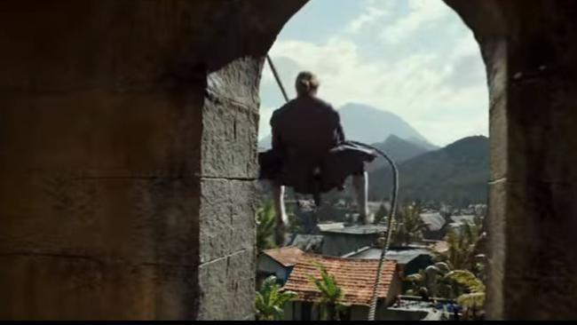 Young Henry swings from the rooftops in a scene from the Pirates of the Caribbean: Dead Men Tell No Tales trailer filmed at Maudsland. Photo: Disney Enterprises.