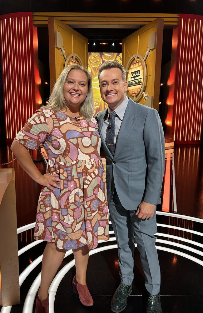 Latoya Buultjens won nearly $14,000 on Deal or No Deal, pictured with host Grant Denyer. Picture: Supplied