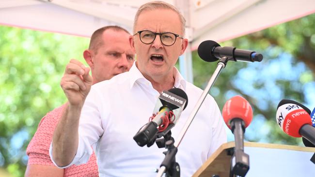 Anthony Albanese speaks at a voice to parliament rally in Sydney. Picture: NCA NewsWire / Jeremy Piper