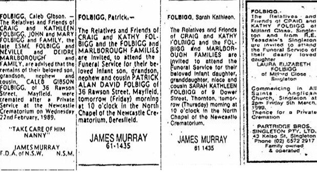 The four death notices of Folbigg’s murdered babies, Caleb, Patrick, Sarah and Laura.