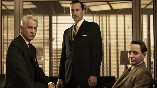 John Slattery as Roger Sterling, Jon Hamm as Don Draper and Vincent Kartheiser as Pete Campbell in the AMC hit TV show, Mad Men. Picture: Supplied.