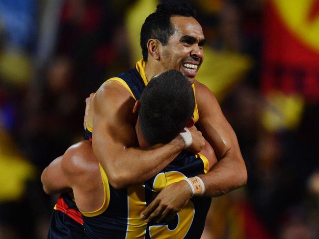 Eddie Betts celebrates his spectacular goal with Taylor Walker. Picture: AAP