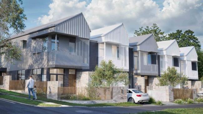 The proposal would see two rows of five two-storey townhouses across four adjoining blocks on the corner of Rugby Rd and Lambton Rd, New Lambton. Artist impression: EJE Architecture