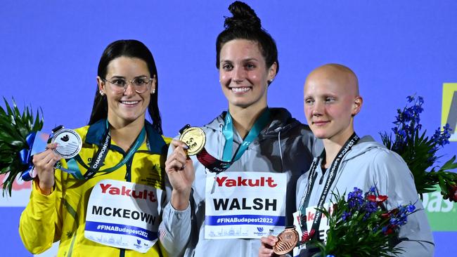 Kaylee McKeown with her medal on the podium. Picture: Getty Images