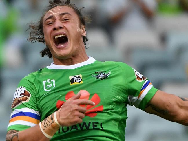 CANBERRA, AUSTRALIA - MARCH 29:  Charnze Nicoll-Klokstad of the Raiders celebrates scoring a try during the round three NRL match between the Canberra Raiders and the Newcastle Knights at GIO Stadium on March 29, 2019 in Canberra, Australia. (Photo by Tracey Nearmy/Getty Images)