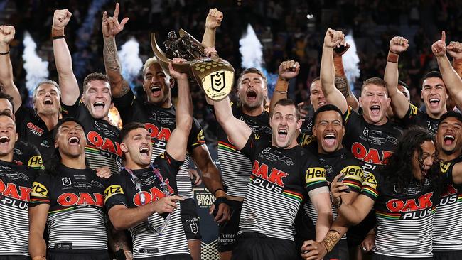 The Panthers celebrate with the NRL Premiership Trophy after victory in the 2022 NRL Grand Final. Picture: Getty Images