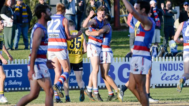 Teenager Ethan East celebrates one of his four goals during Central District’s shock win over Woodville-West Torrens at Woodville Oval. Picture: AAP Image/ Morgan Sette