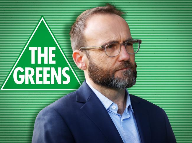 17 July 2024; Photo comp of Adam Bandt with The Greens logo behind him. Collage by Frank Ling. Ratio 4:3.