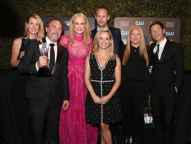 Laura Dern, producer Gregg Fienberg, actors Nicole Kidman, Alexander Skarsgard and Reese Witherspoon and producers Bruna Papandrea and Per Saari, winners of Best Limited Series for ‘Big Little Lies’, attend The 23rd Annual Critics’ Choice Awards. Picture: Getty