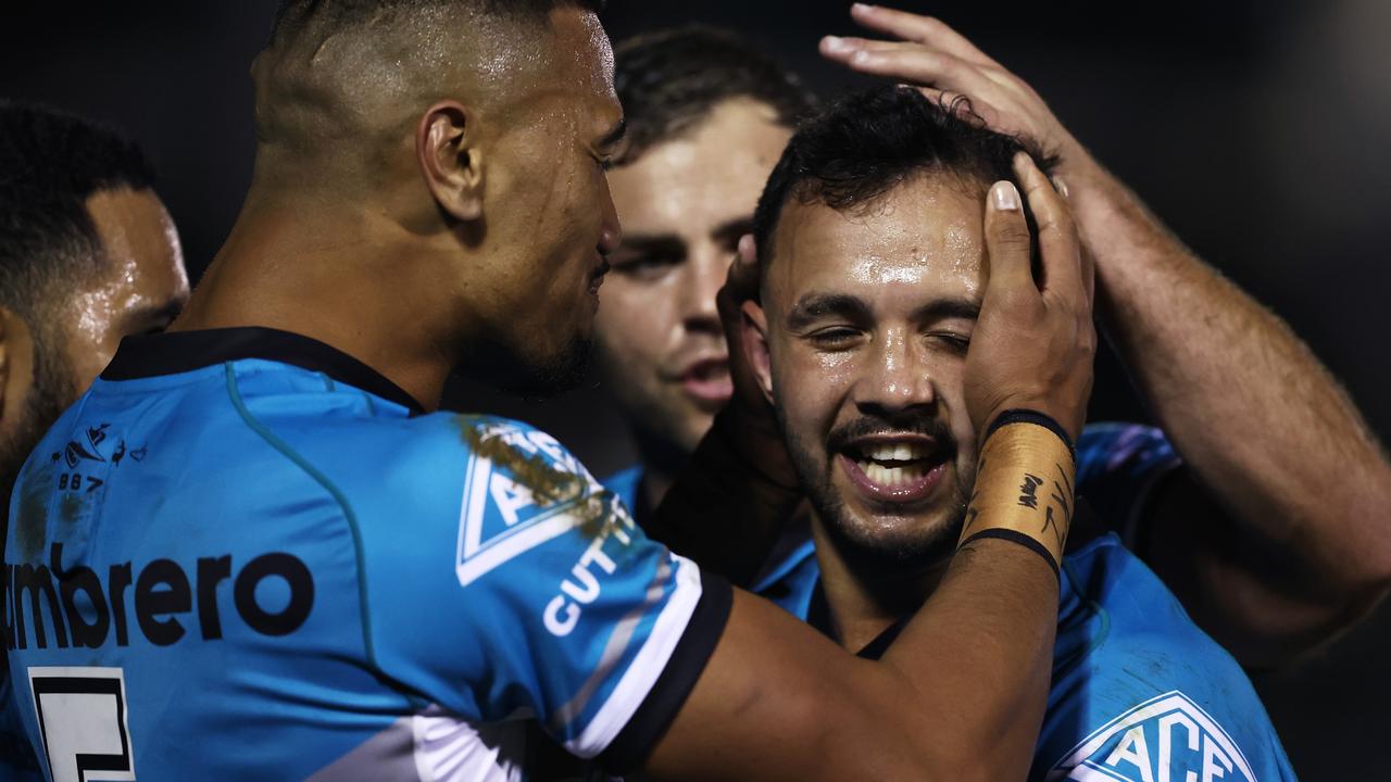 Braydon Trindall celebrates a try during Cronulla’s tough win over the Dragons. Picture: Matt King/Getty