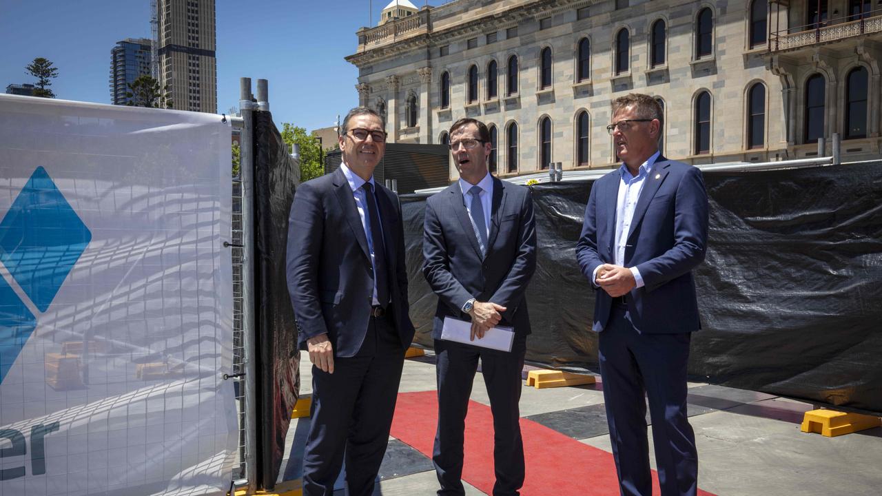 Then premier Steven Marshall, Flinders University vice-chancellor Colin Stirling and Walker Corporation chief executive David Gallant on November 29, 2021, launching the building of the Festival Tower and Plaza by Walker Corporation. Picture: Emma Brasier.